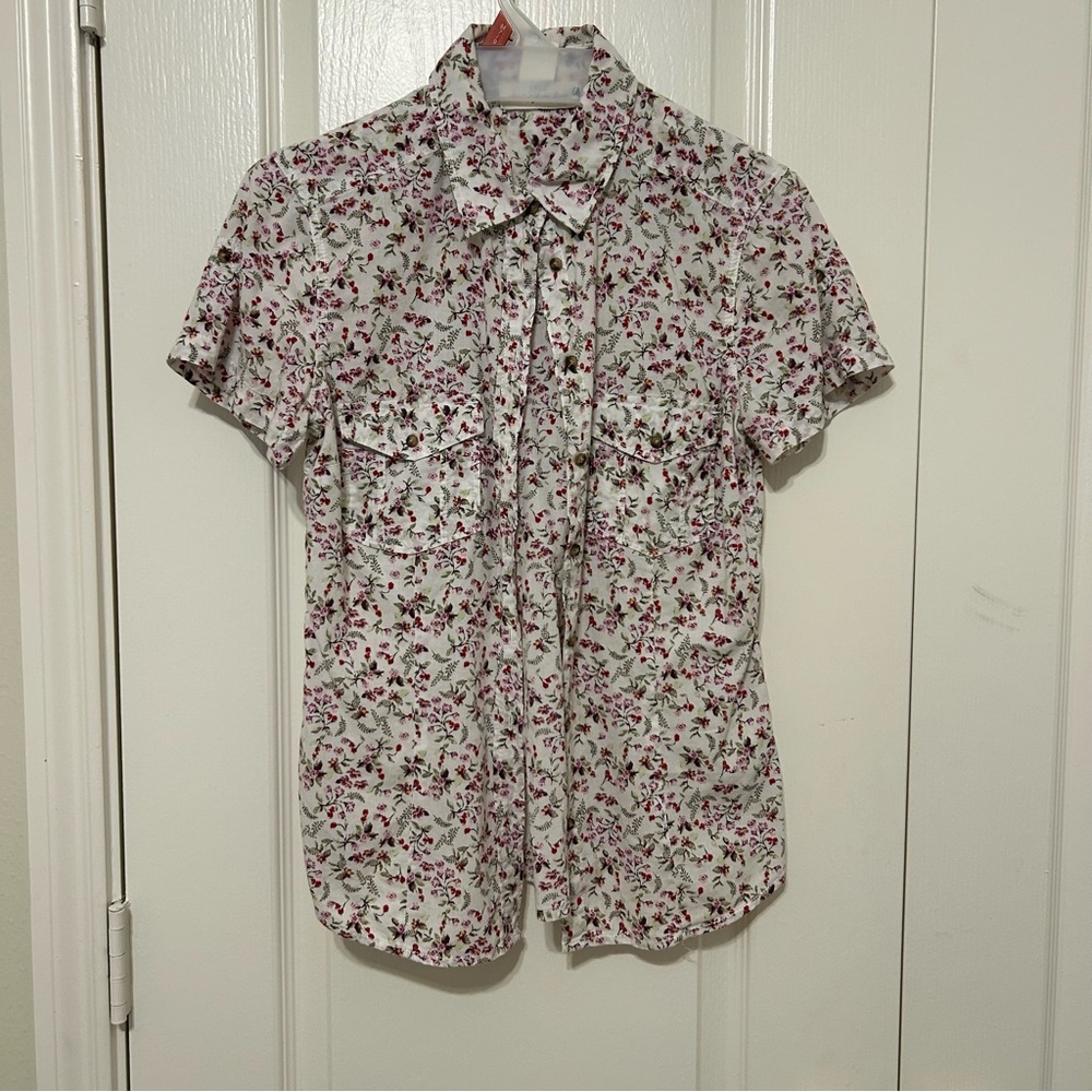 Floral Short Sleeve Shirt Blouse Size 6 Small Button Up Pink White